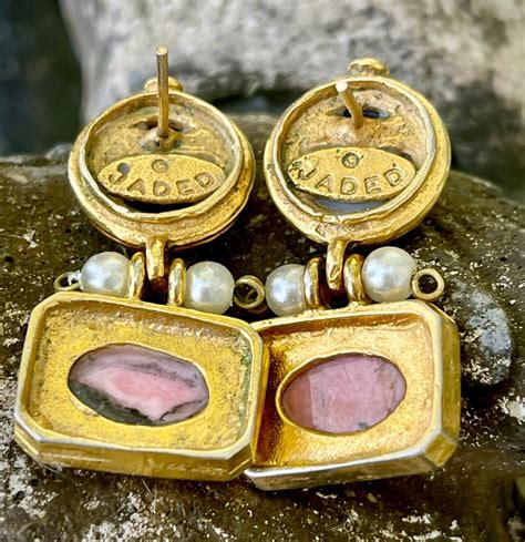 Rare Jaded Nyc 22k Gold Plated Rhodonite And Hematite Drop Pierced