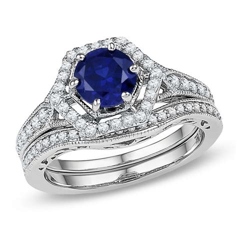 7 0mm Lab Created Blue Sapphire And 3 8 CT T W Diamond Bridal Set In