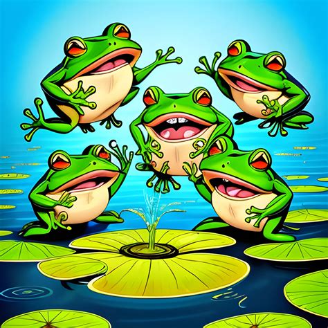 A Vibrant Illustration Of Four Cartoonish Frogs With Exaggerated