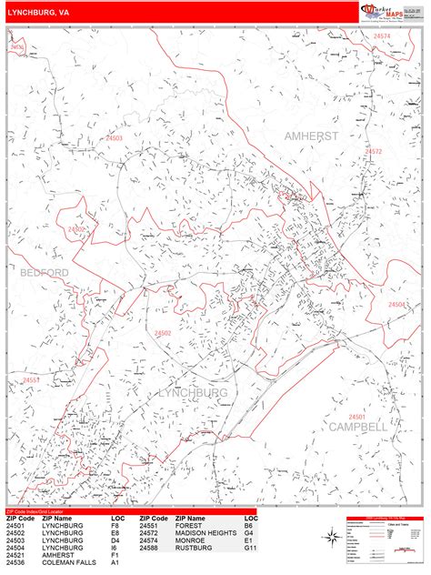 Lynchburg Virginia Zip Code Wall Map Red Line Style By Marketmaps