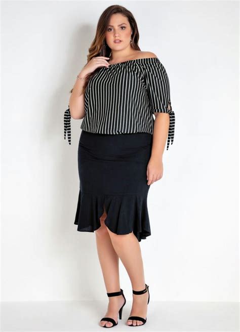 Saia Midi Plus Size Preta Babado Mink