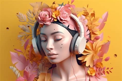 Premium Ai Image A Woman With Headphones On And Flowers On Her Head