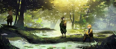 Download Demon Slayer Scenery Characters Forest River Wallpaper