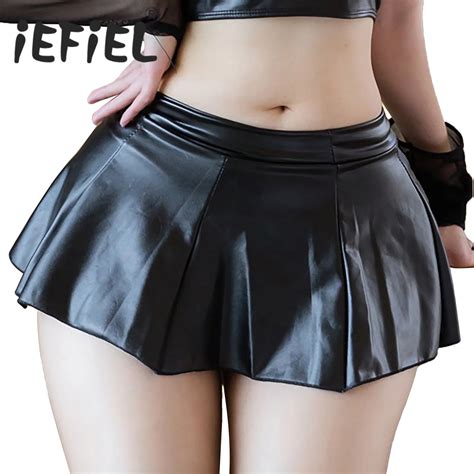 Womens Wetlook Sexy Skirt PU Leather Ruffle A Line Skirt Lingerie Nightwear Miniskirt For Party