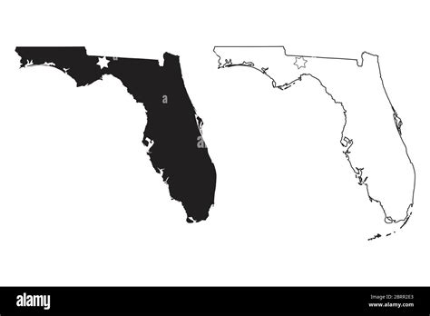 Florida Fl State Maps Usa With Capital City Star At Tallahassee Black Silhouette And Outline