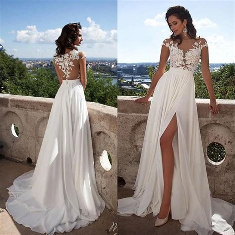 Sexy Lace Sheer Summer Beach Boho Wedding Dresses 2017 A Line Chiffon