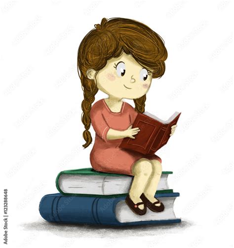 Niña leyendo un libro sentada sobre libros Stock Illustration Adobe Stock