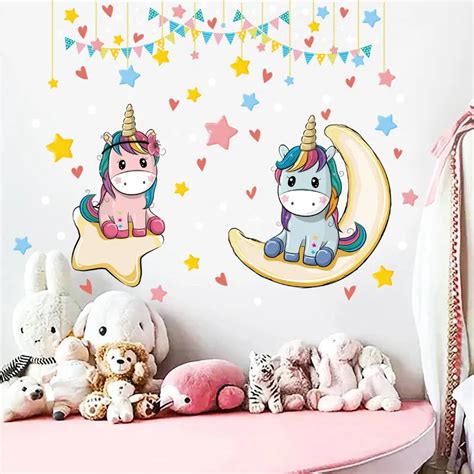 유니콘 스타 문 공주 방 소녀 침실 귀여운 만화 벽 스티커 어린이 방 장식 벽 벽화 벽지 데칼wall Stickers