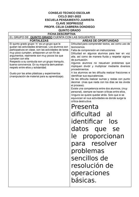 Ficha Descriptiva De Grupo To Grado Consejo Tecnico Escolar Ciclo