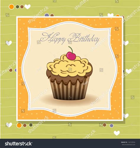 Cute Happy Birthday Card Cupcake Vector เวกเตอร์สต็อก ปลอดค่า