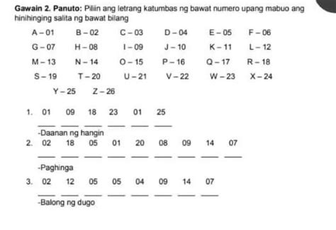 Gawain Panuto Piliin Ang Letrang Katumbas Ng Bawat Numero Upang