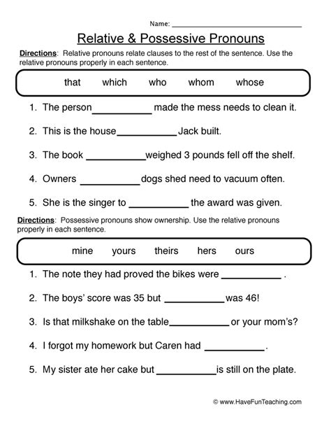 Pronoun Worksheet 3 Relative And Possessive Pronouns