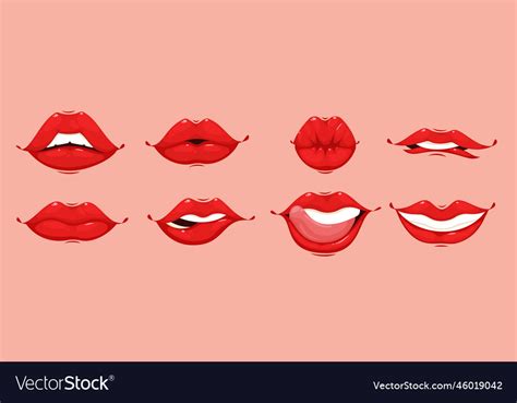 Cartoon Mouth Woman Set Of Lips With Red Lipstick Vector Image