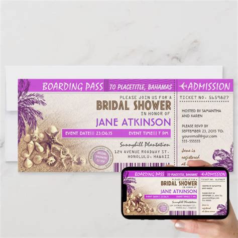 Purple Boarding Pass Tickets For Bridal Shower Invitation Zazzle