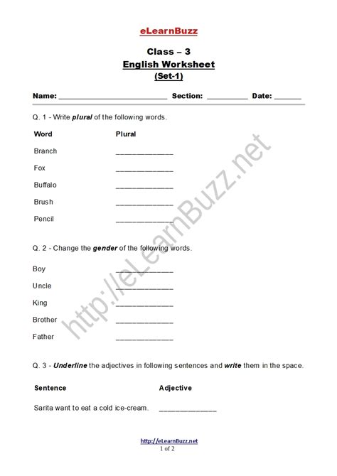 English Worksheet For Class 3 Set 1 Elearnbuzz