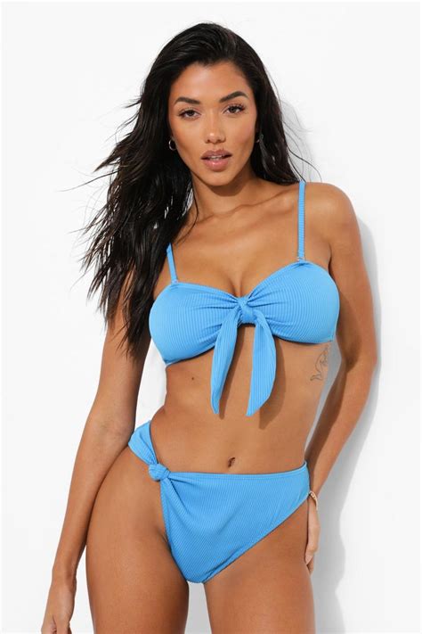 Ribbed Tie Front Bandeau Bikini Top Boohoo