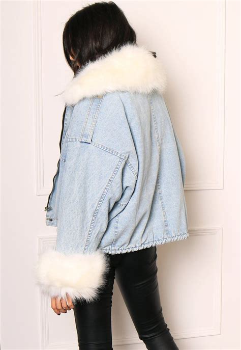 Oversized Faux Fur Trim Denim Jacket In Blue And White One Nation