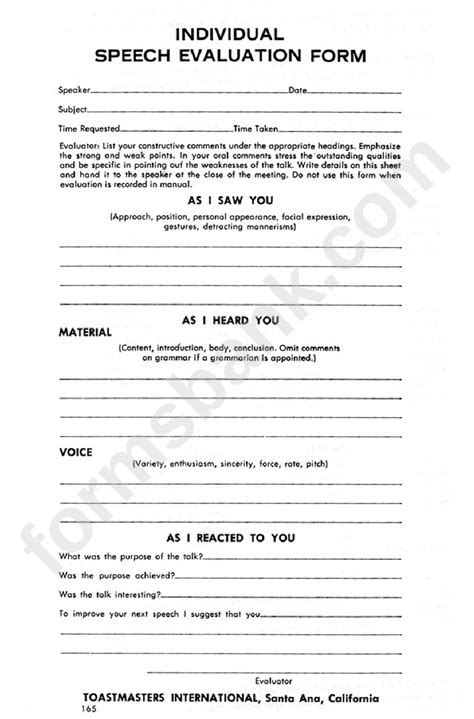 Individual Speech Evaluation Form Printable Pdf Download