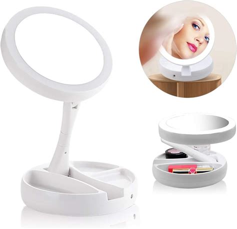 Espejo de maquillaje de doble cara con luz LED plegable portátil de