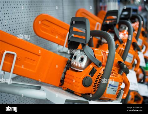 Voronezh Russia December 22 2019 A Row Of Husqvarna Chainsaws Are