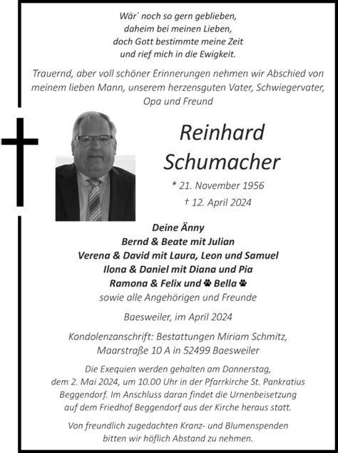 Traueranzeigen Von Reinhard Schumacher Aachen Gedenkt