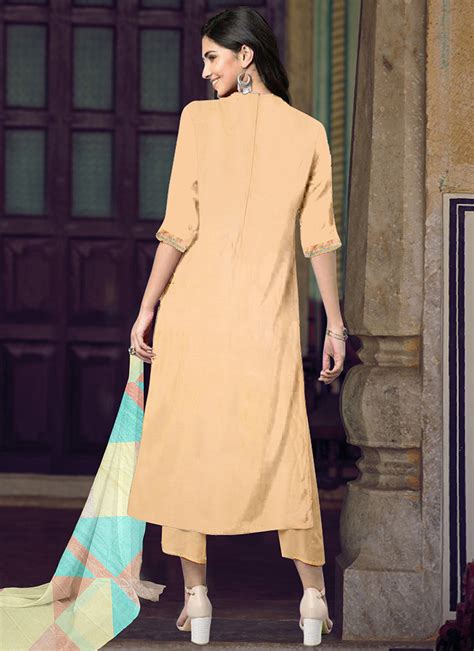 Buy Peach Muslin Embroidered Straight Pant Suit After Six Wear Online