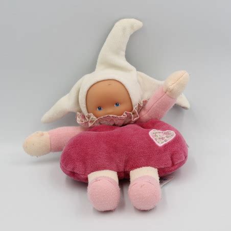 Doudou Poup E Lutin Rose Blanc Gris Col Fleurs Coeur Corolle