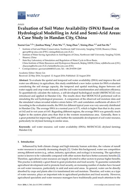 Pdf Evaluation Of Soil Water Availability Swa Based On Hydrological