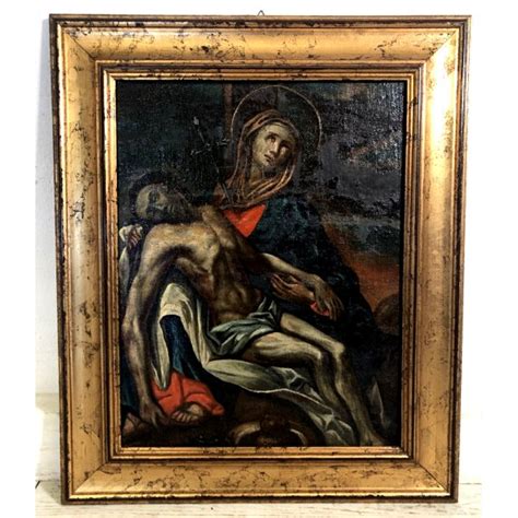 Antico Dipinto Olio Madonna Addolorata Cuore Trafitto Spada Pieta Gesu