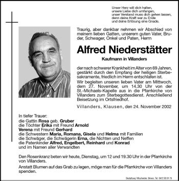 Traueranzeigen Von Alfred Niederst Tter Trauer Bz