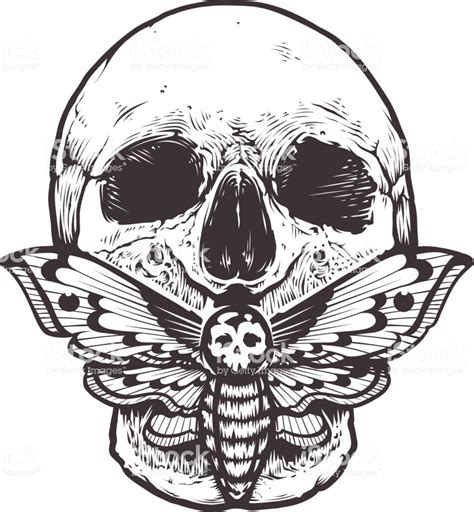 Skull With Deaths Head Hawk Moth Sitting On His Mouth Tattoo Style