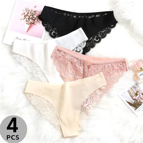 4pcs Set Womens Sexy Panties Ice Silk Lace Temptation Female Underwear