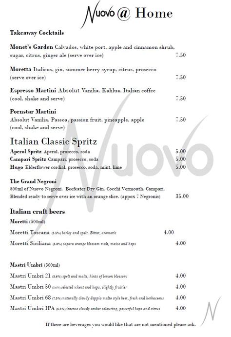 Menu at Nuovo Restaurant, Northampton