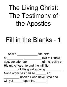 The Living Christ The Testimony Of The Apostles Fill In The Blanks Part