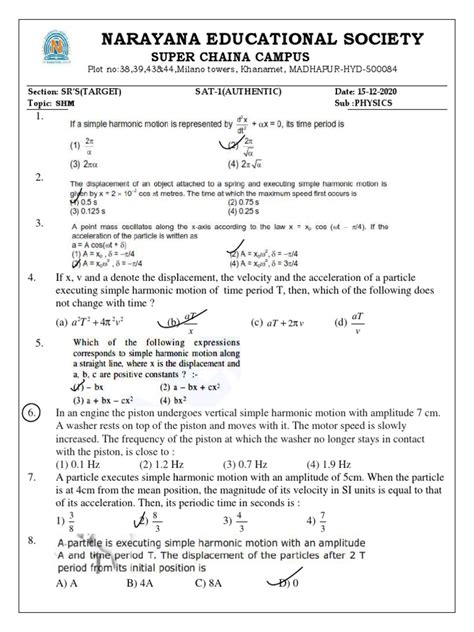 Shm Sat 1 Pyq Download Free Pdf Velocity Acceleration