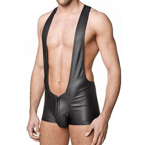 Men Leather Bodysuit Lingerie Wetlook Clubwear Zipper Front Wrestling