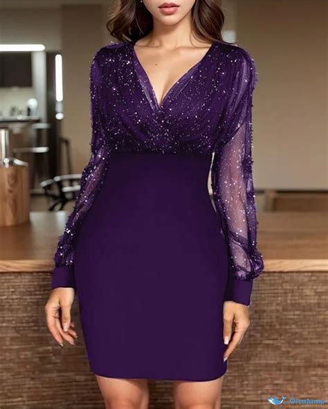 Orcajump Sheer Mesh V Neck Sequin Embellished Long Sleeve Bodycon Cocktail Dress Orcajump Store