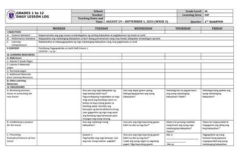 Dll Esp 3 Q1 W1 Daily Lesson Log Grades 1 To 12 Daily Lesson Log School Grade Level Iii