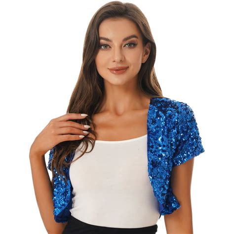 Iefiel Womens Sparkle Sequin Jacket Glittery Cropped Bolero Short Sleeve Open Front Cardigan