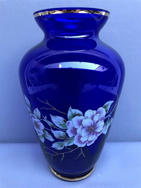 Vintage Bohemian Cobalt Blue Glass Vase With Hand Painted Flowers Ebay