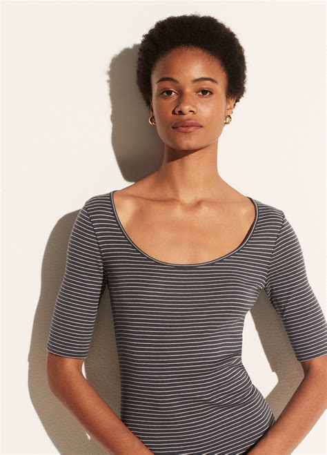 Vince Micro Stripe Elbow Sleeve Scoop Neck In Dark Water Off White