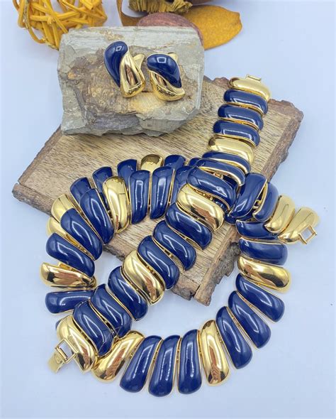 Vintage Monet Blue Enamel And Gold Parure Chunky Monet Earrings Bracelet And Necklace Set