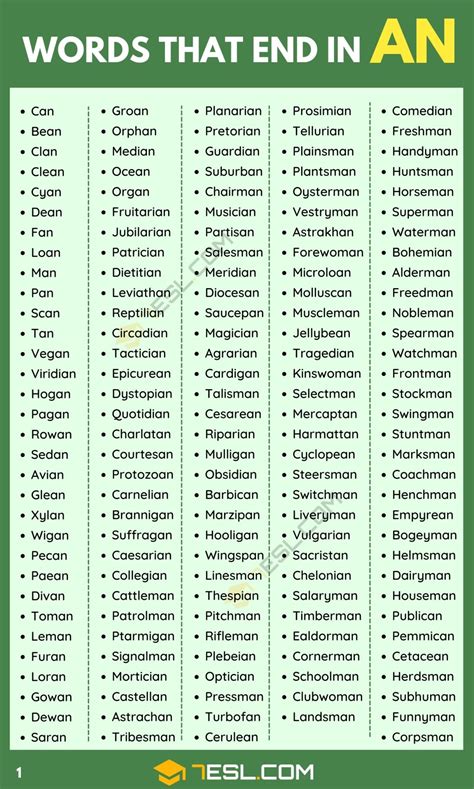 825 Commonly Used Words That End In AN In English 7ESL