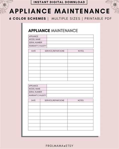 Appliance Maintenance Log And Tracker For Home Organization Etsy Uk