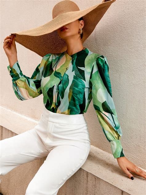 Random Tropical Print Puff Sleeve Shirt Shein Usa