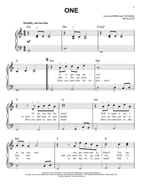 One By U Sheet Music For Easy Piano At Sheet Music Direct