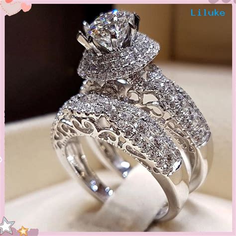 [LK] 1 Pair Couple Rings Shiny Cubic Zirconia Jewelry Electroplated ...