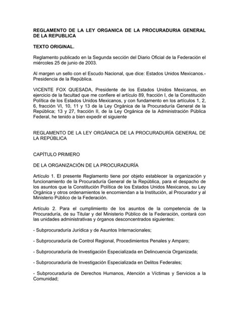 REGLAMENTO DE LA LEY ORGANICA DE LA PROCURADURIA GENERAL TEXTO ORIGINAL