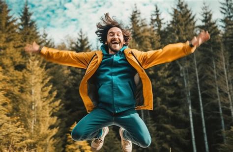 Premium AI Image A Man Jumps In The Air With His Arms Outstretched In