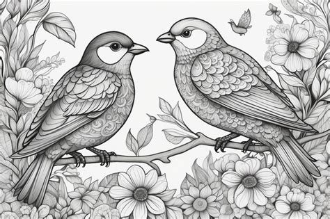 Art Therapy Coloring Page Birds Hand Drawn In Vintage Style With